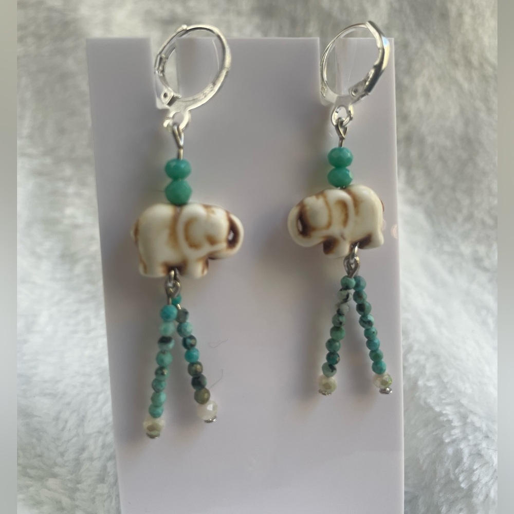 Genuine African Turquoise and 925 silver hoop elephant earrings
